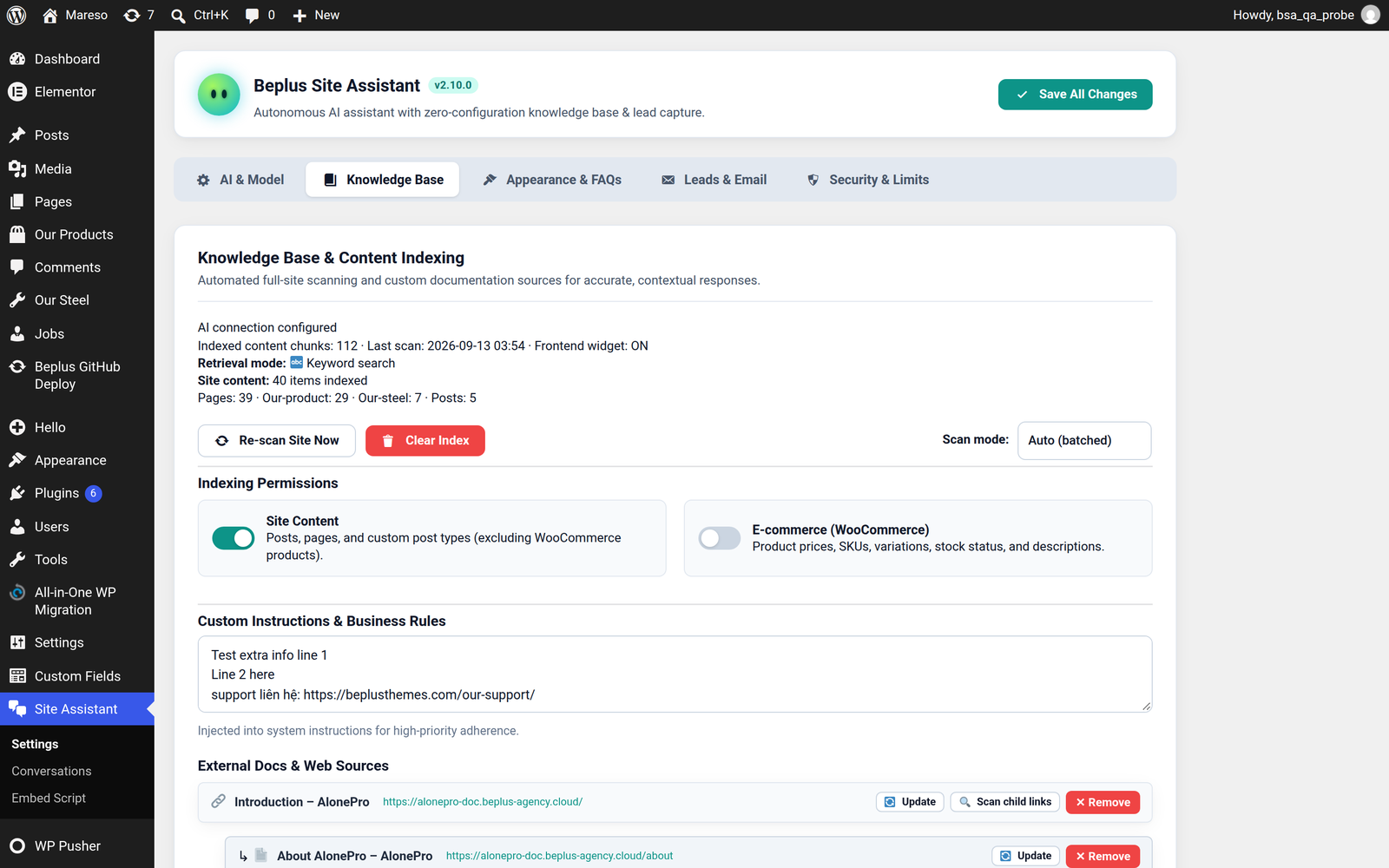 Settings, Knowledge Base tab