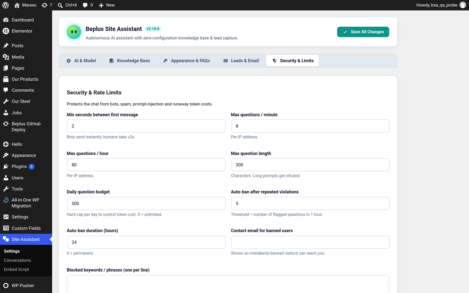Settings, Security & Limits tab