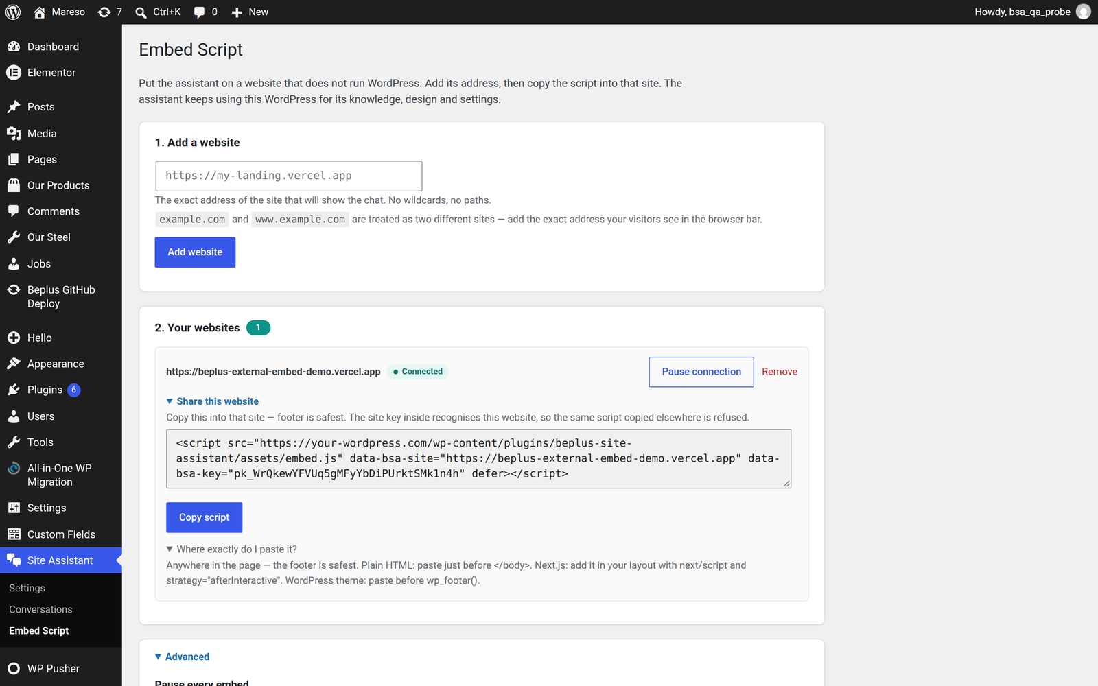 The Embed Script screen with a website connected